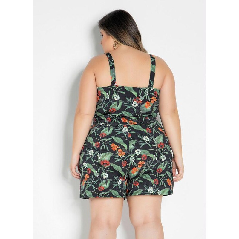 Conjunto Summer Body Plus Size Short e Cropped Bege Floral