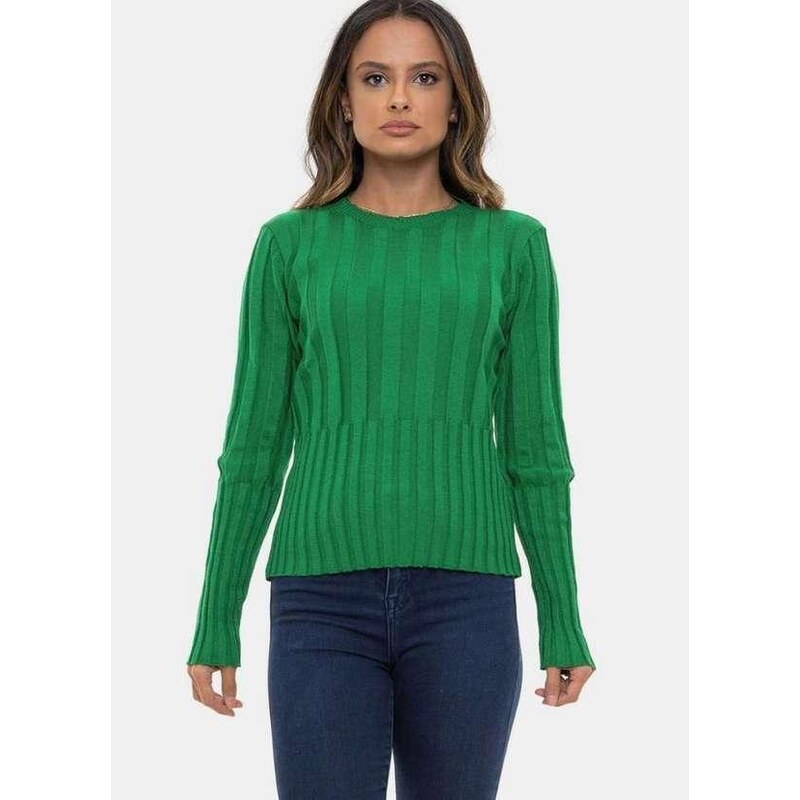 Blusa Manga Longa de Tricô Canelado Modal Pink Tricot Feminina Verde 