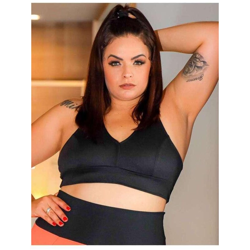 Fitmoda Cropped Plus Size Feminino em Crepe de Alfaiataria sem Bojo Preto 