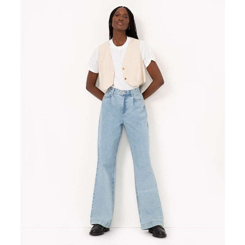C&A calça jeans reta cintura média com pregas azul claro