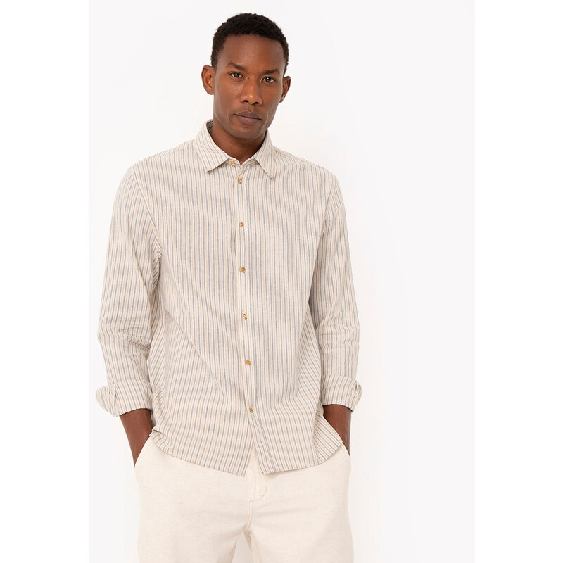 C&A camisa de algodão slim listrada manga longa off white