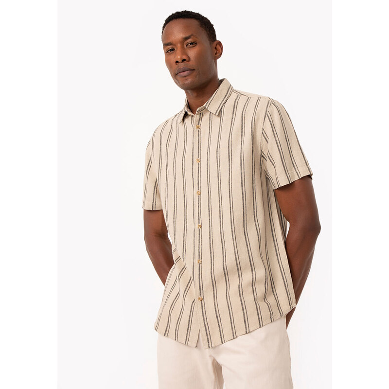 C&A camisa de algodão comfort listrada manga curta bege