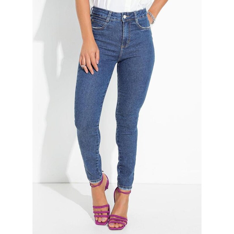 Calça Jeans Skinny Sawary Cintura Alta Feminina - Preto+Azul