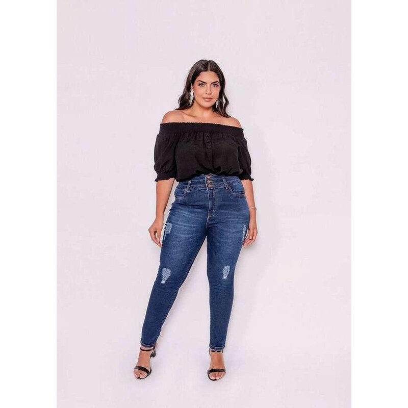 Predilects Plus Calca Plus Size Jeans Cintura Alta Destroyed Azul 