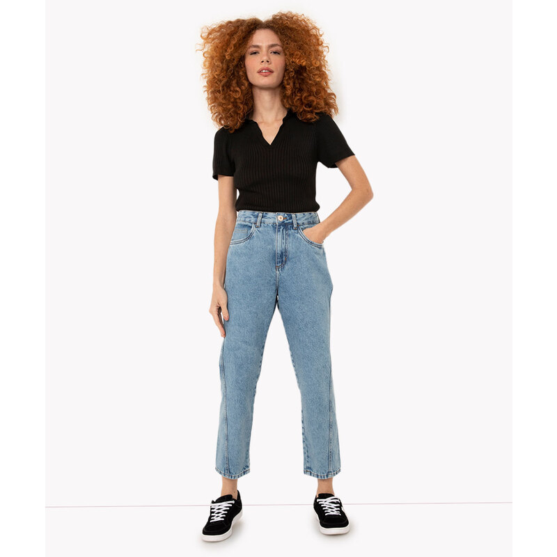 C&A calça jeans reta cropped cintura super alta com bolsos azul médio
