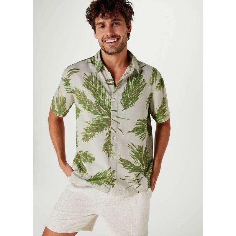 Hering Camisa Masculina Comfort Estampada com Linho Bege - GLAMI