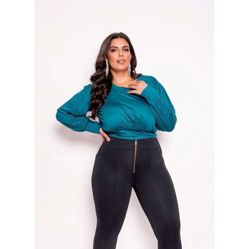 It Curves Blusa Plus Size Lisa Manga Longa Azul 