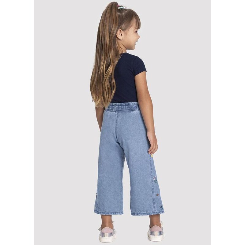 Alakazoo Calça Jeans Wide Leg Infantil Menina Bordada Jeans