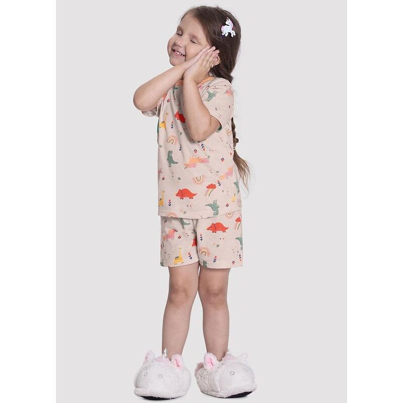 Alakazoo Pijama Infantil Unissex Curto em Malha Estampado Laranja