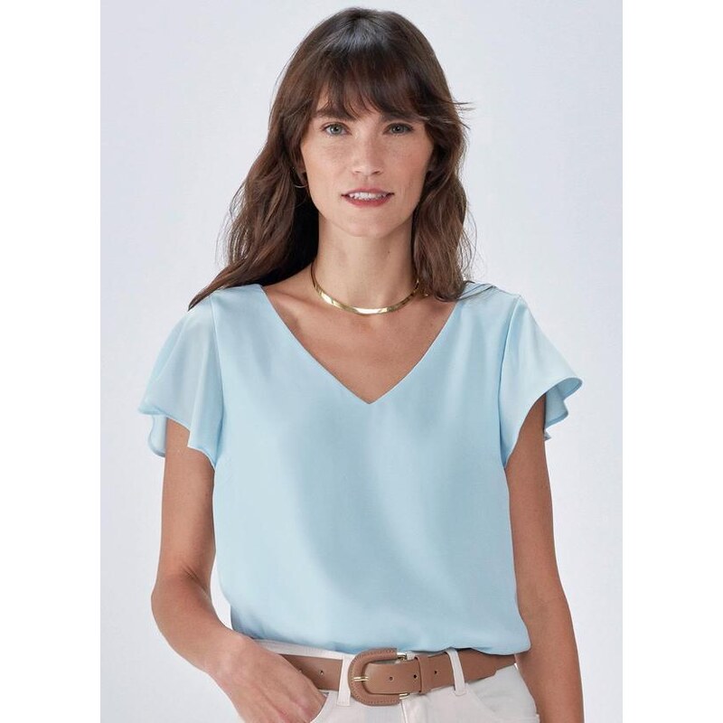 Manga Longa Chiffon Blusa Dupla V Neck Mulheres Tops E Blusas