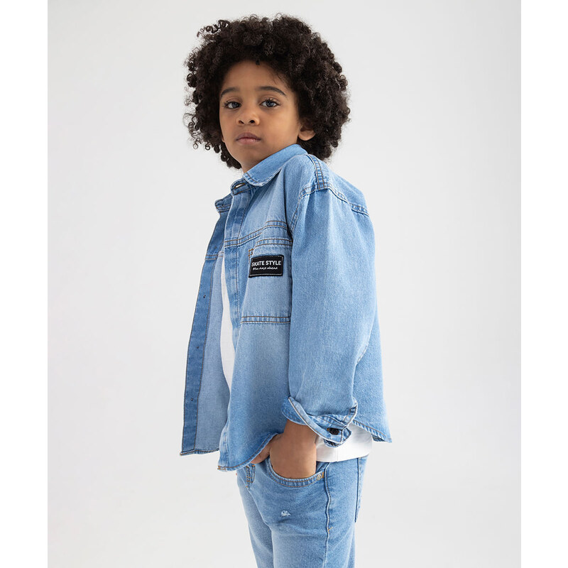 C&A camisa infantil jeans manga longa skate style azul claro