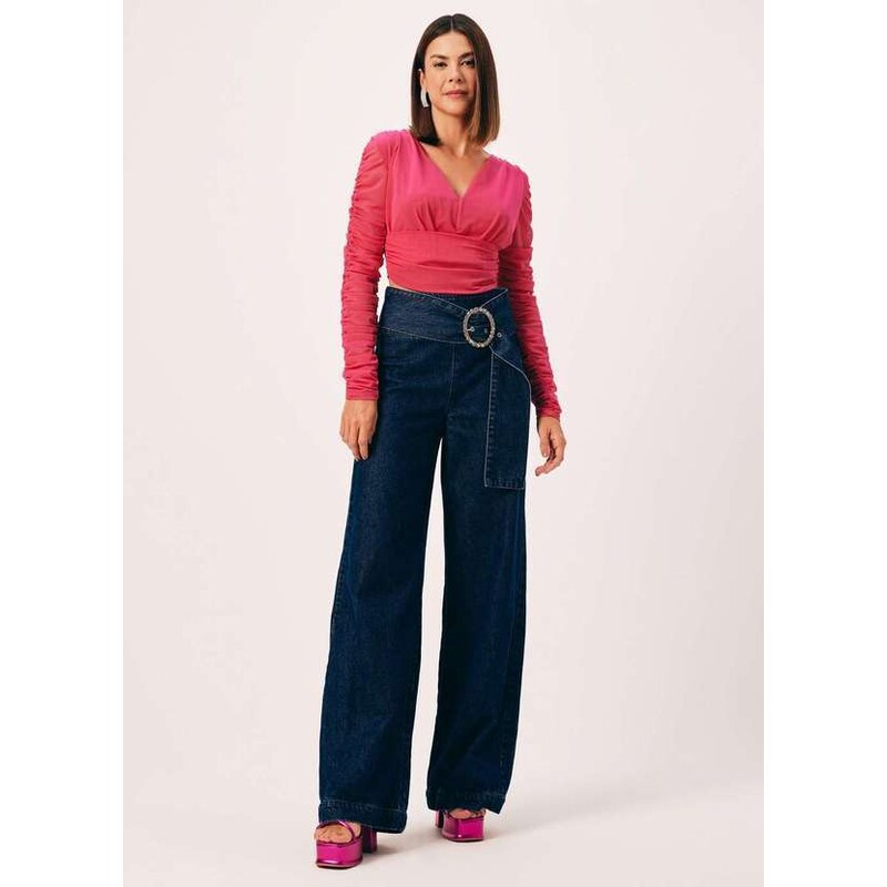 Top Cropped Jeans Escuro Jeans Feminino Dimy