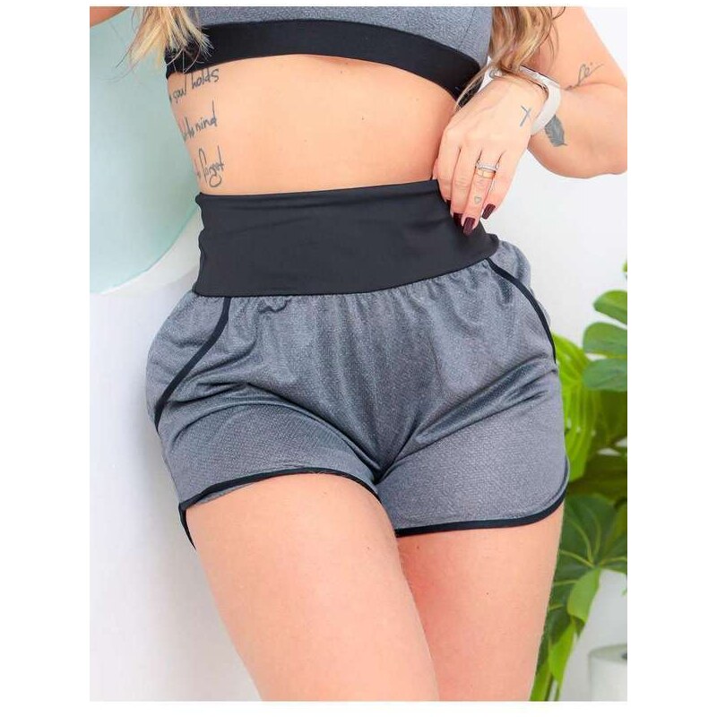 Fitmoda Conjunto Fitness Dry Fit Short com Bolsos e Cropped Cinza