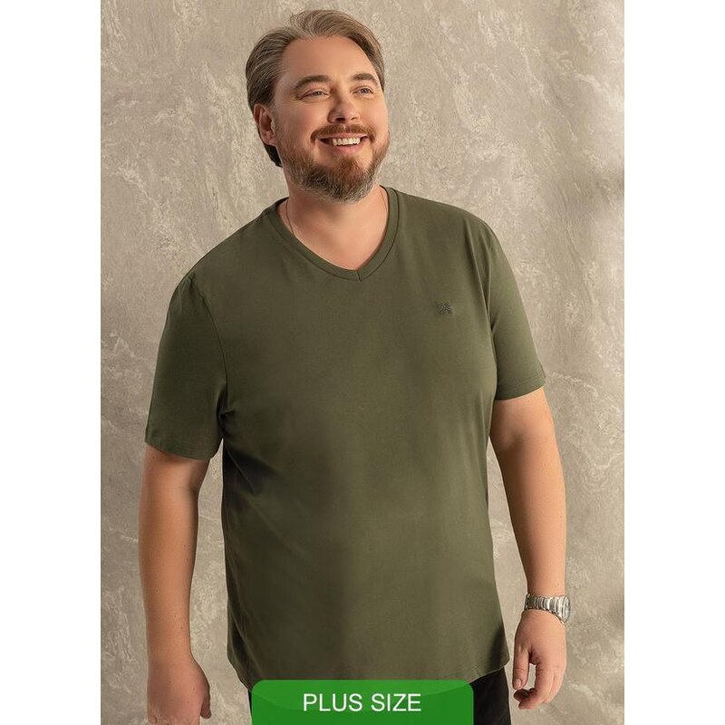 Exco Plus Size Camiseta Básica com Decote V Verde
