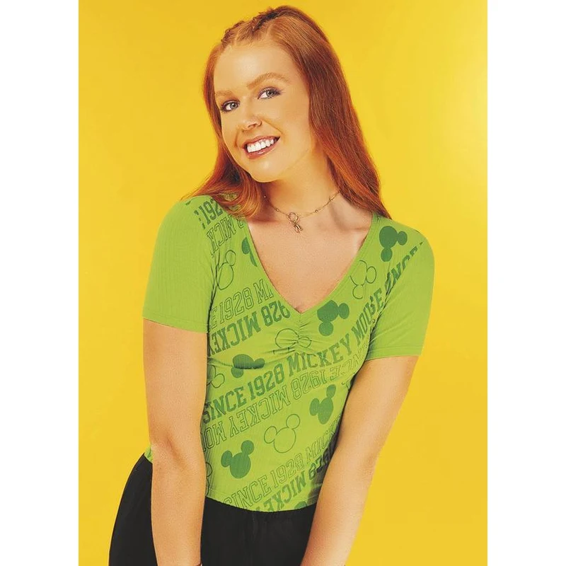 Blusa com Decote V e Estampa Mini Print Verde - Disney