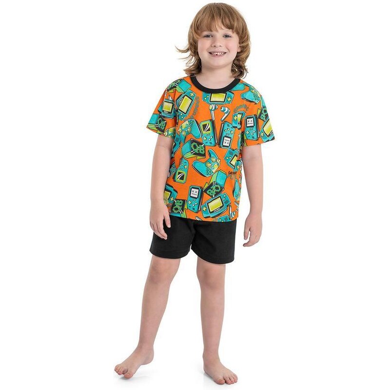 Quimby Pijama Camiseta e Bermuda Menino Laranja