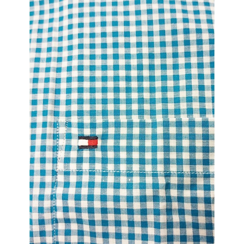 Camisa Tommy Hilfiger Masculina Manga Curta Xadrez Gingham Branca/Azul  Petróleo 