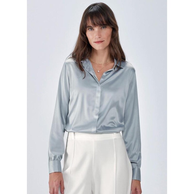 Camisa Feminina Azul com Bolso Sandrini