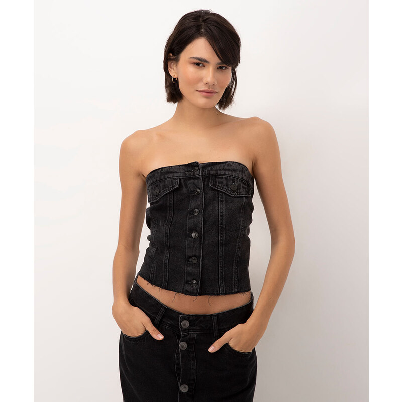C&A cropped corset jeans com bolso sem alça preto 