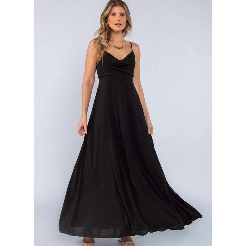 Lamis Vestido Longo em Viscose com Decote Degage Preto 