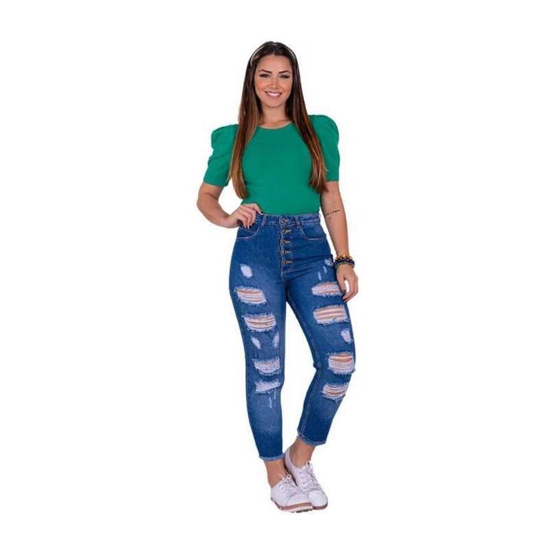 Calca Mom Feminina jeans Detalhes Rasgado com Bolso e Cintura Alta