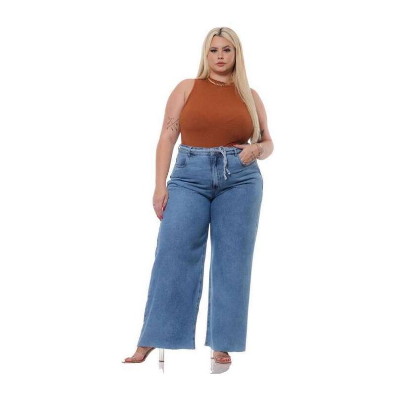 CALÇA JEANS FEMININA PLUS SIZE WIDE LEG COM RASGOS E BARRA