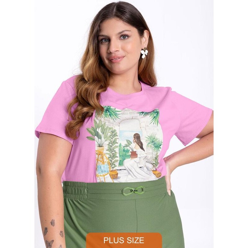 Lunender Mais Mulher T-Shirt Plus Size em Malha Estampada Rosa