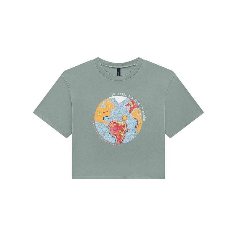 Lunender T-Shirt Cropped em Malha com Estampa Mundo Verde