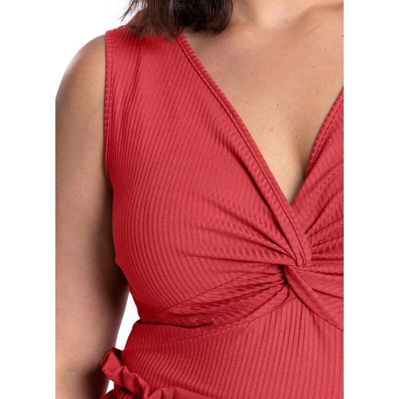 Lunender Mais Mulher Blusa Plus Size Canelada Torção Decote Vermelho