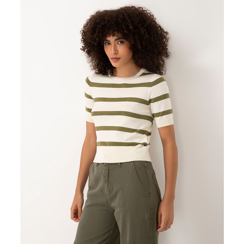 Blusa Cropped em Tricô com Mini Botões Verde