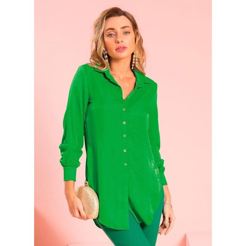 Gris Camisa Feminina Verde