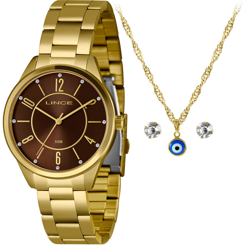 C&A kit relógio analógico lince LRG4750L40 com colar e brincos dourado