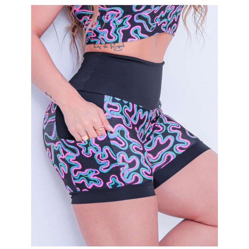 Fitmoda Short para Academia Feminino com Recortes de Tela nas Laterais  Estampado 