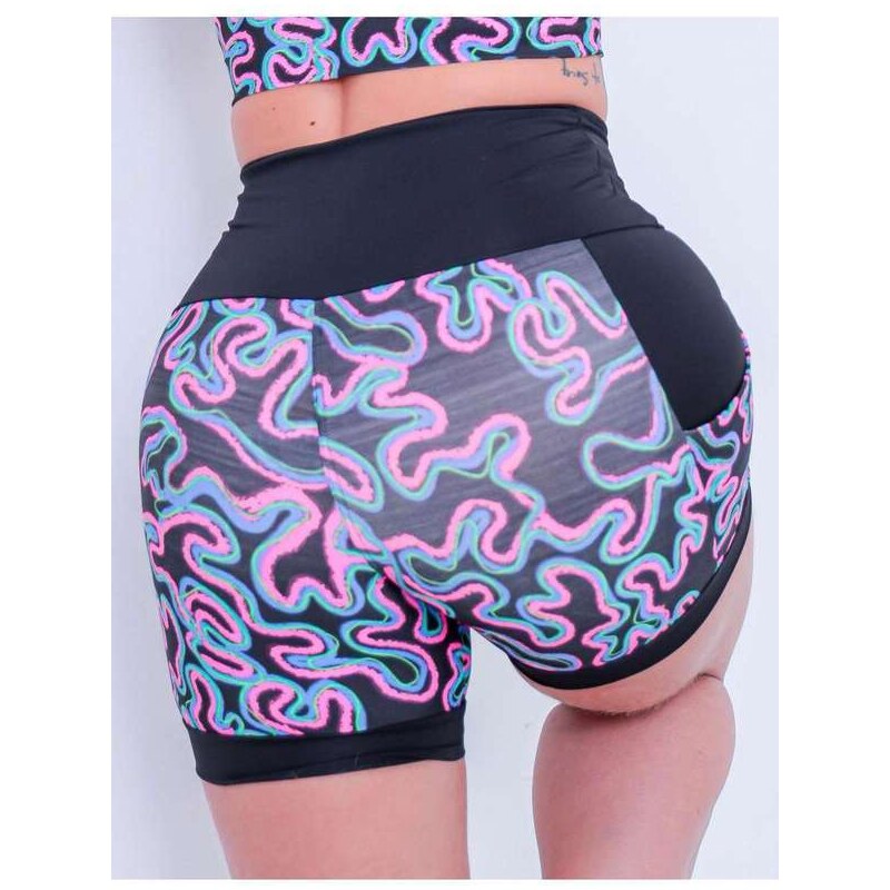 Fitmoda Short para Academia Feminino com Recortes de Tela nas Laterais  Estampado 