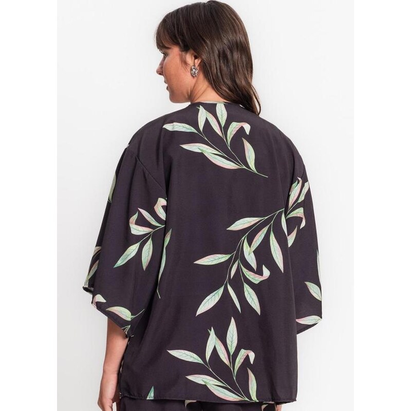 Rovitex Kimono Feminino Estampado em Tactel Preto