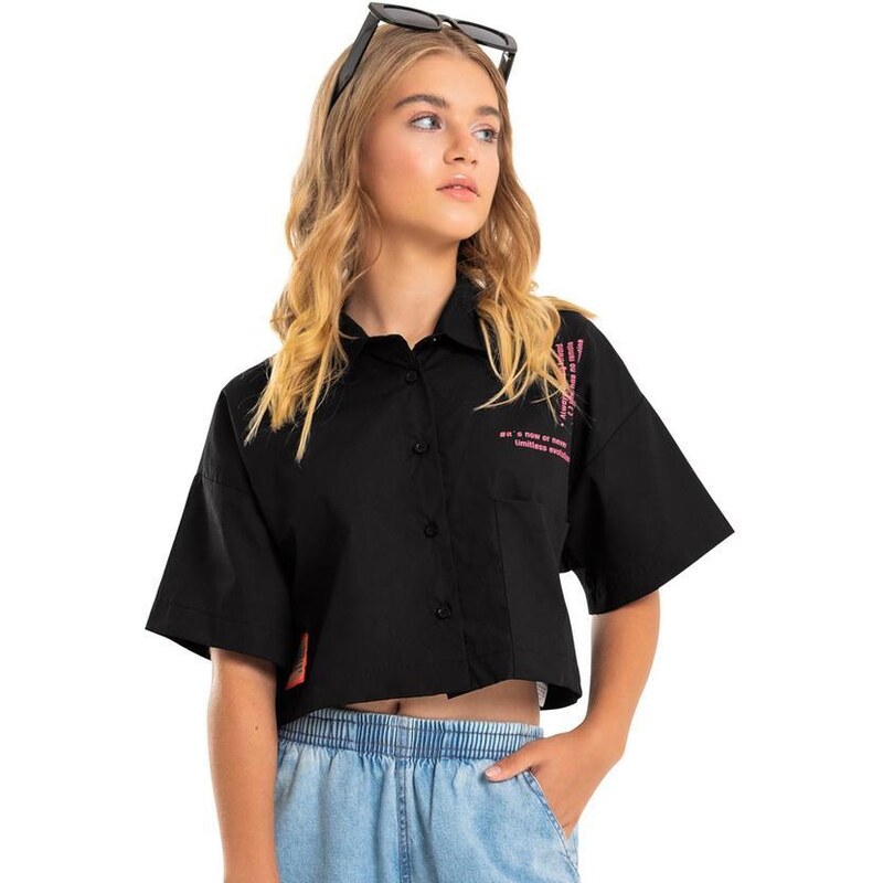 Gloss Camisa Cropped Juvenil em Tricoline Preto
