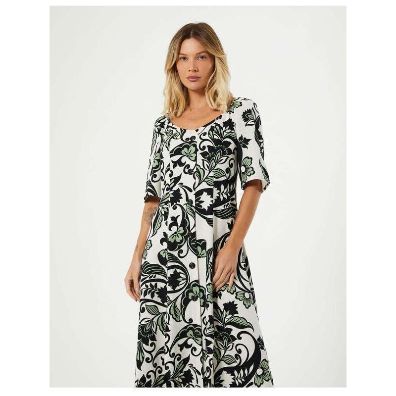 Vestido Midi Evasê Vermelho e Branco Floral em Crepe Twill - Moda