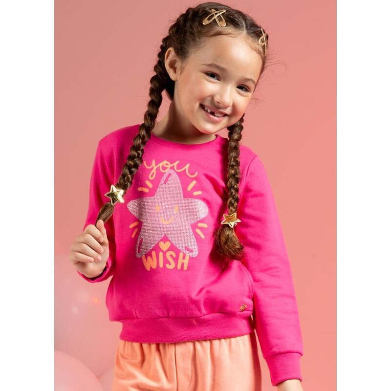 Cativa Kids Blusão Feminino Estampado com Glitter Rosa