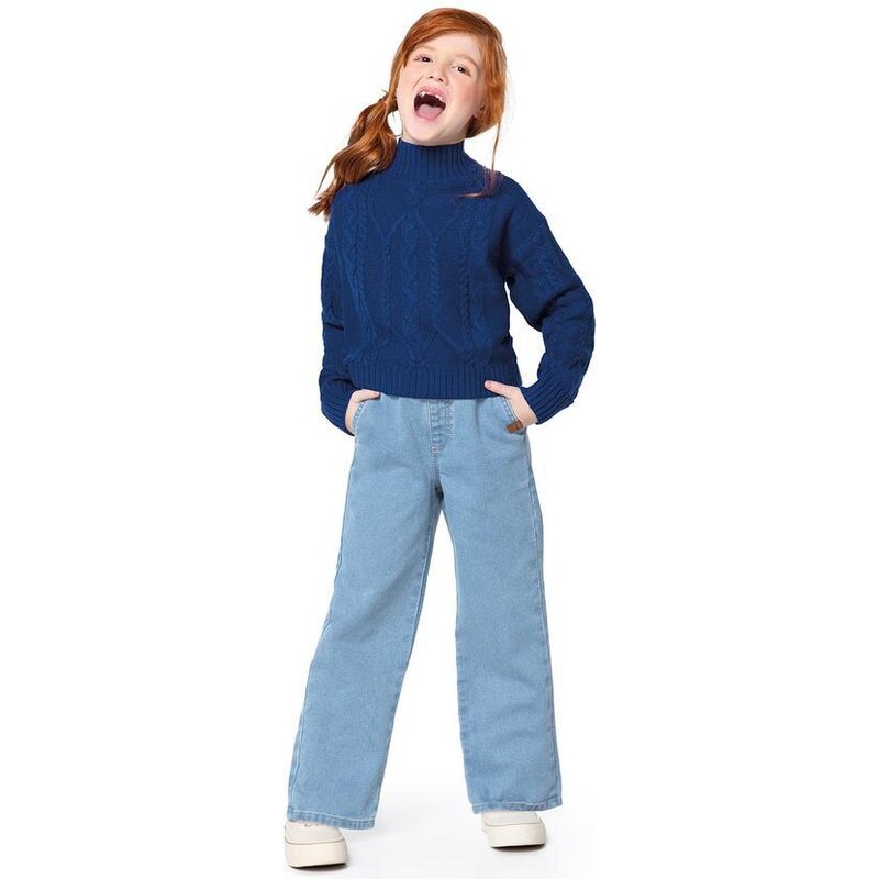 Malwee Kids Calça Wide Leg Jeans Menina Azul