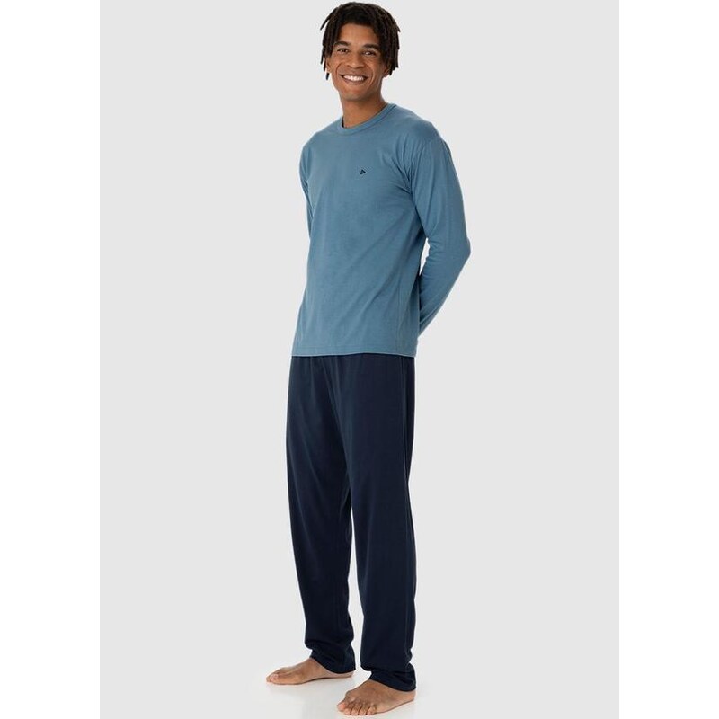 Malwee Pijama Masculino Mescla com Bordado Azul