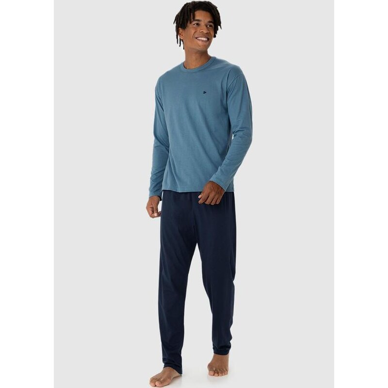 Malwee Pijama Masculino Mescla com Bordado Azul