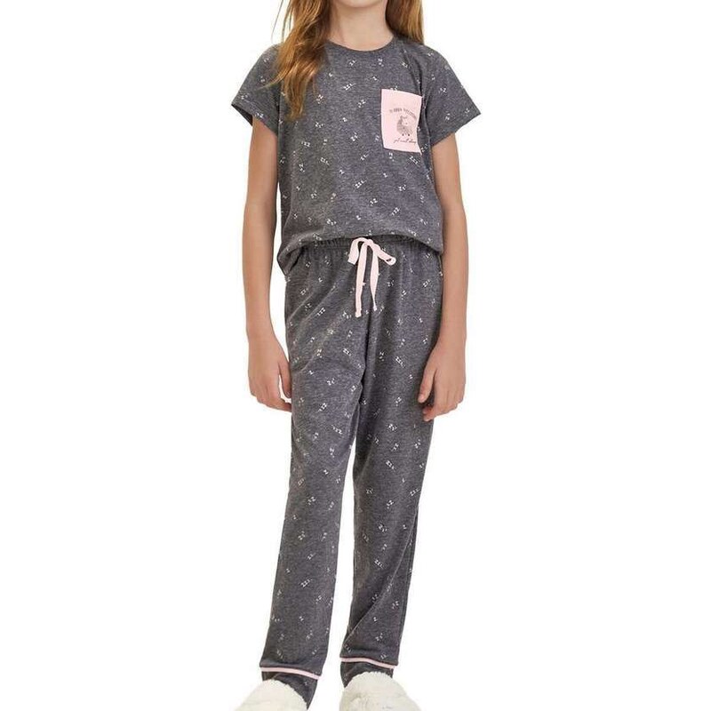 Pijama Infantil Menina Longo Cor com Amor 2050009 Cinza